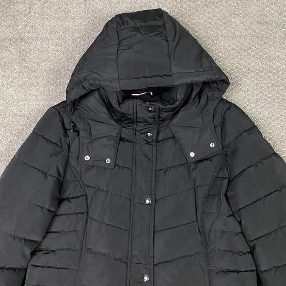Tommy Hilfiger Hooded Long Puffer Coat Jacket Parka Women's Medium Black Quilted - Picture 2 of 15
